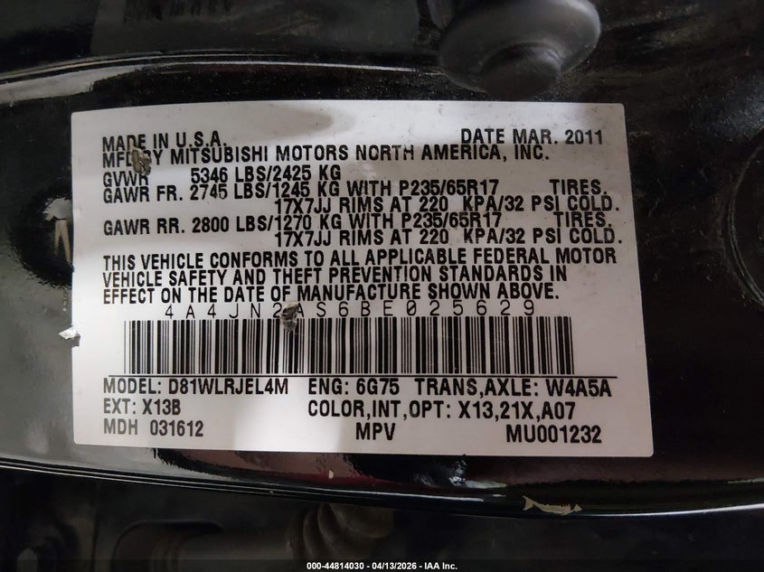 2011 Mitsubishi Endeavor VIN: 4A4JN2AS6BE025629 Lot: 44814030