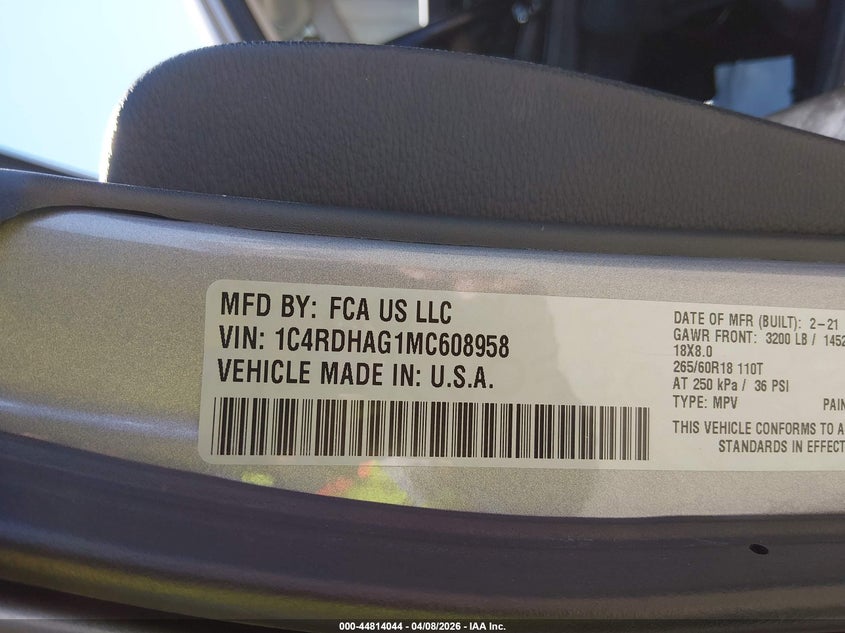 2021 Dodge Durango Sxt Rwd VIN: 1C4RDHAG1MC608958 Lot: 44814044