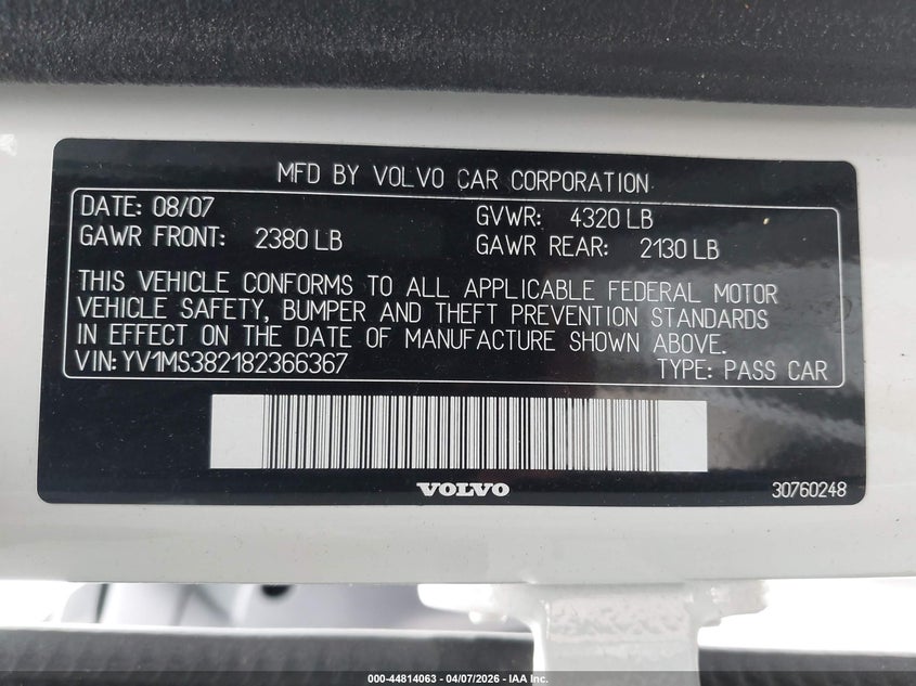 2008 Volvo S40 2.4I VIN: YV1MS382182366367 Lot: 44814063