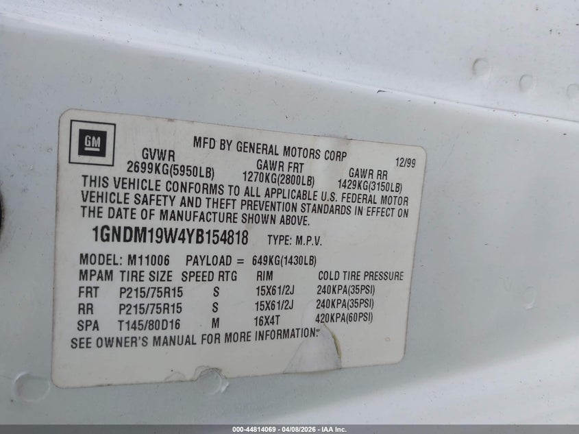 2000 Chevrolet Astro VIN: 1GNDM19W4YB154818 Lot: 44814069