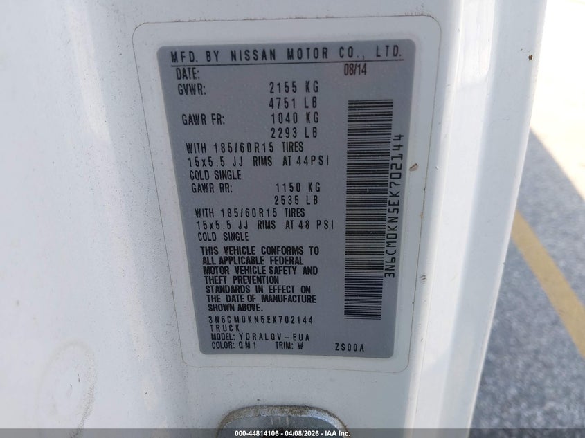 2014 Nissan Nv200 Sv VIN: 3N6CM0KN5EK702144 Lot: 44814106