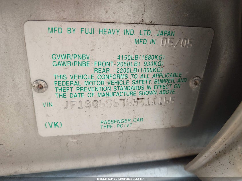 2006 Subaru Forester 2.5X VIN: JF1SG65676H711165 Lot: 44814117