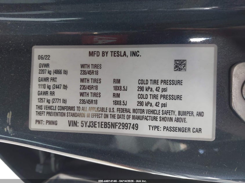2022 Tesla Model 3 Long Range Dual Motor All-Wheel Drive grey Lot 111044814146 Vin 5YJ3E1EB5NF299749
