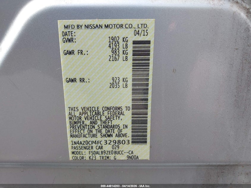 2015 Nissan Leaf S VIN: 1N4AZ0CP4FC329803 Lot: 44814203