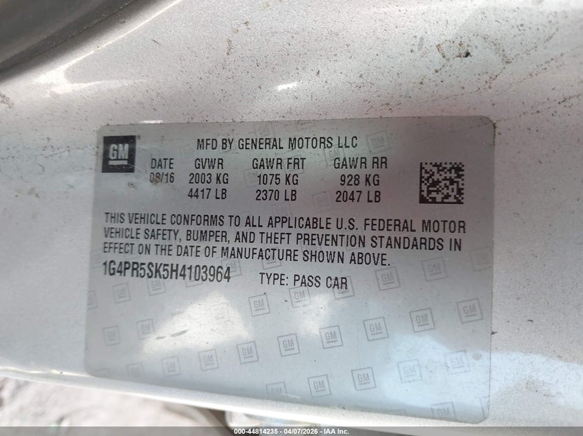 2017 BUICK VERANO SEDAN 2.4L I-4 DI, DOHC, VVT, 180HP