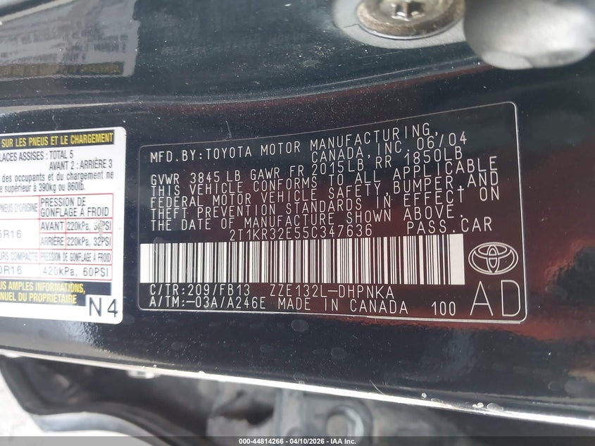 2005 Toyota Matrix Xr VIN: 2T1KR32E55C347636 Lot: 44814266