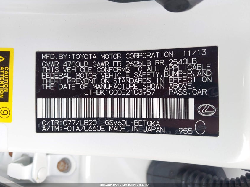 2014 Lexus Es 350 VIN: JTHBK1GG0E2103957 Lot: 44814279