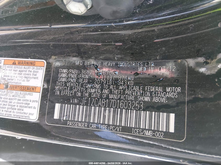 2013 Subaru Brz Premium VIN: JF1ZCAB17D1603253 Lot: 44814298