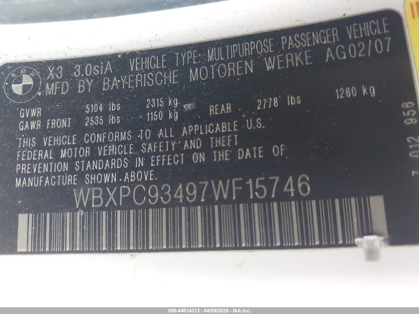 2007 BMW X3 3.0Si VIN: WBXPC93497WF15746 Lot: 44814313