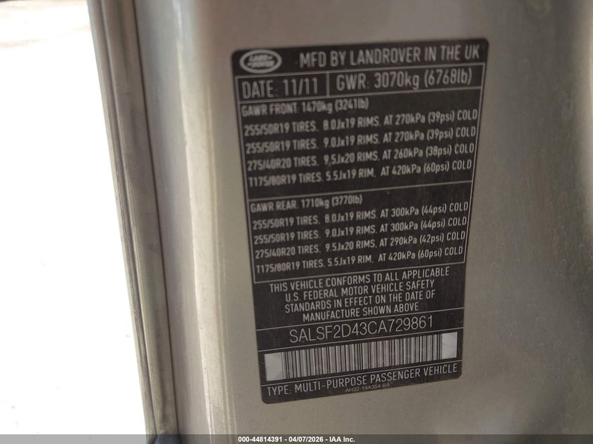 2012 Land Rover Range Rover Sport Hse VIN: SALSF2D43CA729861 Lot: 44814391