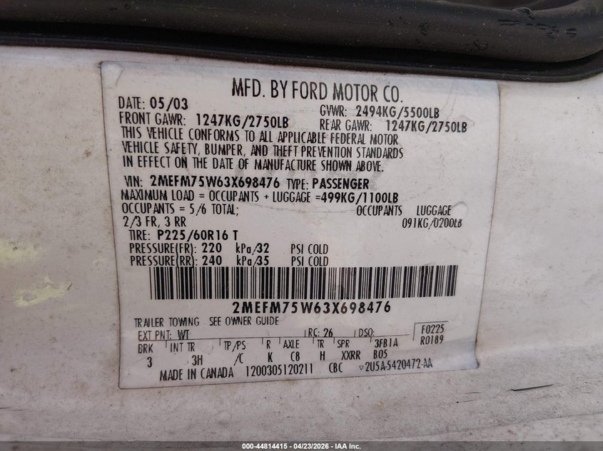 2003 Mercury Grand Marquis Ls VIN: 2MEFM75W63X698476 Lot: 44814415
