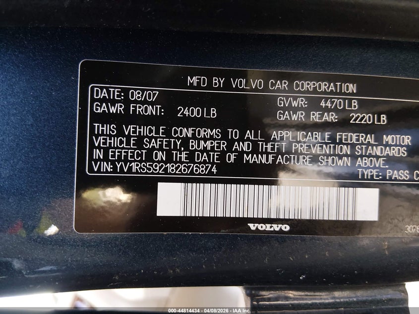 2008 Volvo S60 2.5T VIN: YV1RS592182676874 Lot: 44814434