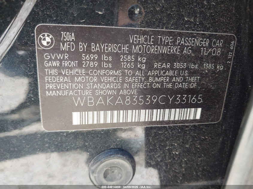2009 BMW 750I VIN: WBAKA83539CY33165 Lot: 44814469