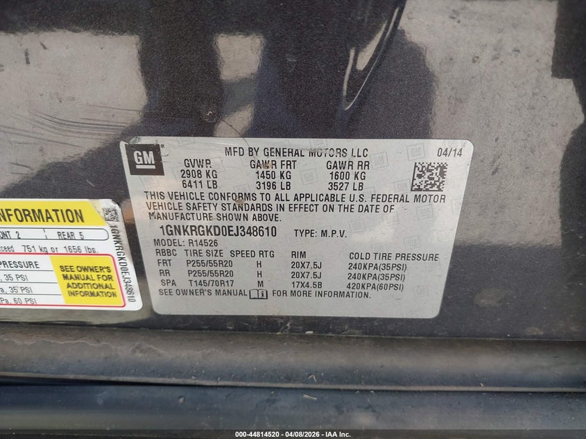 2014 Chevrolet Traverse 1Lt VIN: 1GNKRGKD0EJ348610 Lot: 44814520