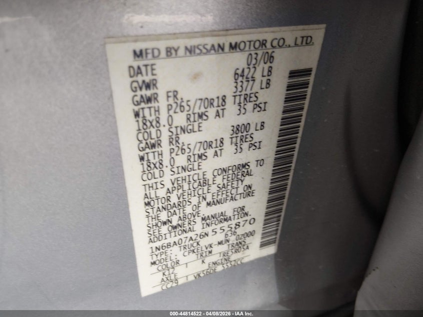 2006 Nissan Titan Le VIN: 1N6BA07A26N555870 Lot: 44814522