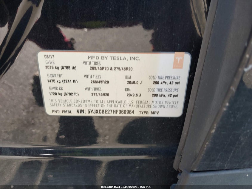 2017 Tesla Model X 100D/75D/90D VIN: 5YJXCBE27HF060964 Lot: 44814524