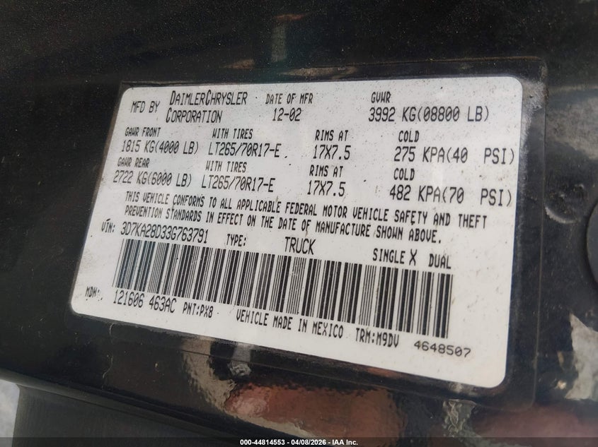 2003 Dodge Ram 2500 Slt/Laramie/St VIN: 3D7KA28D33G763791 Lot: 44814553