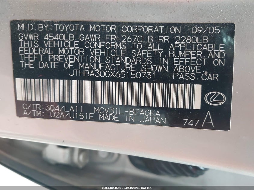 2006 Lexus Es 330 VIN: JTHBA30GX65150731 Lot: 44814556