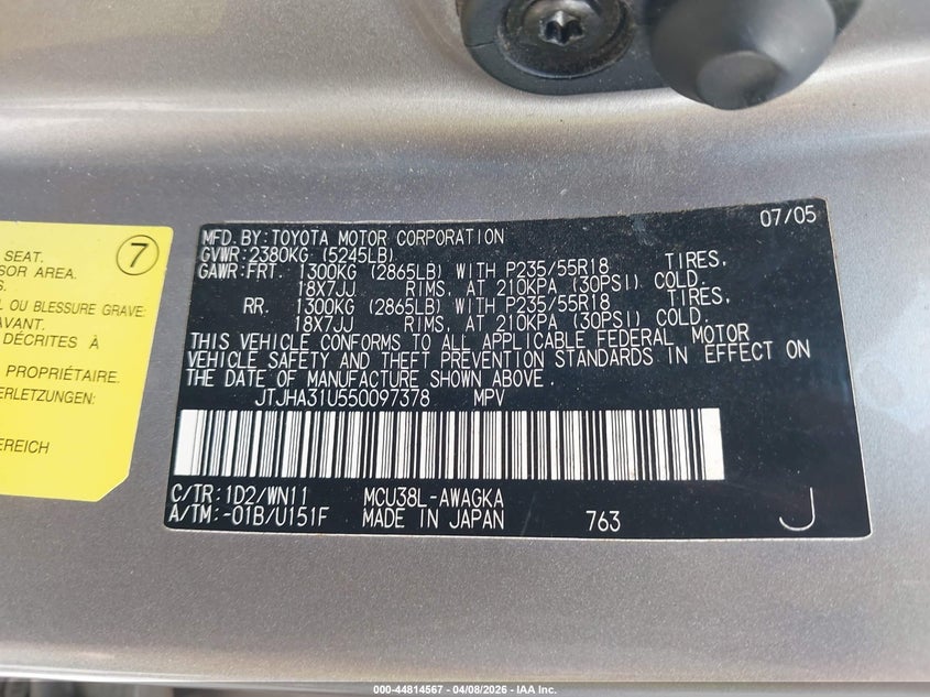 2005 Lexus Rx 330 VIN: JTJHA31U550097378 Lot: 44814567