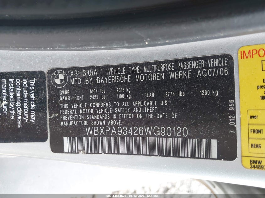 2006 BMW X3 3.0I VIN: WBXPA93426WG90120 Lot: 44814625