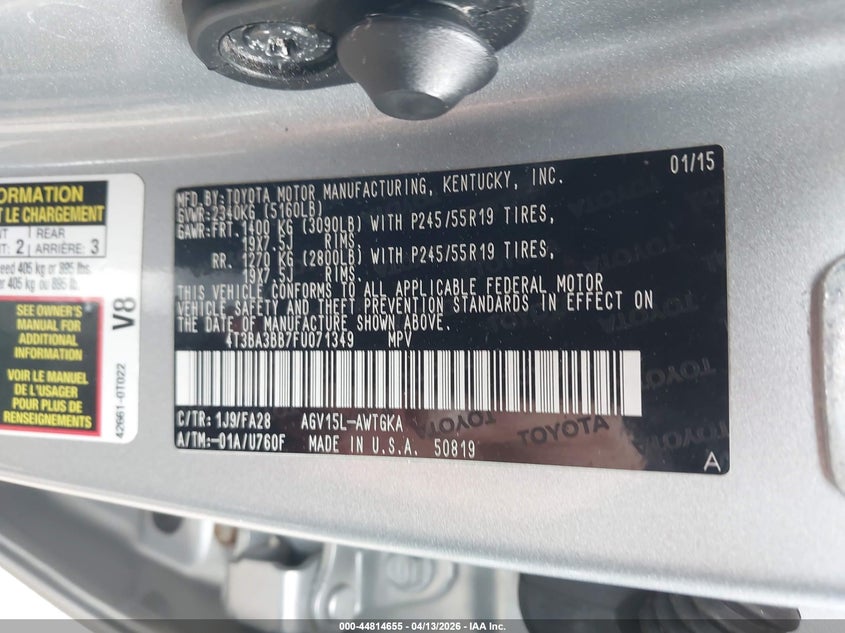 2015 Toyota Venza Le VIN: 4T3BA3BB7FU071349 Lot: 44814655