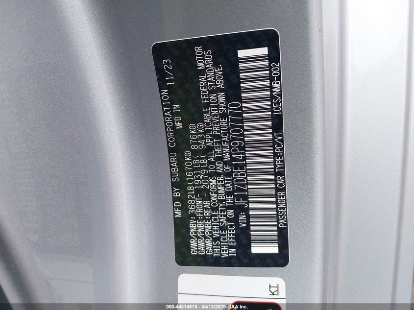 2023 Subaru Brz Limited VIN: JF1ZDBE14P9707770 Lot: 44814678