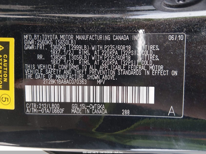 2010 Lexus Rx 350 VIN: 2T2BK1BA8AC070363 Lot: 44814679