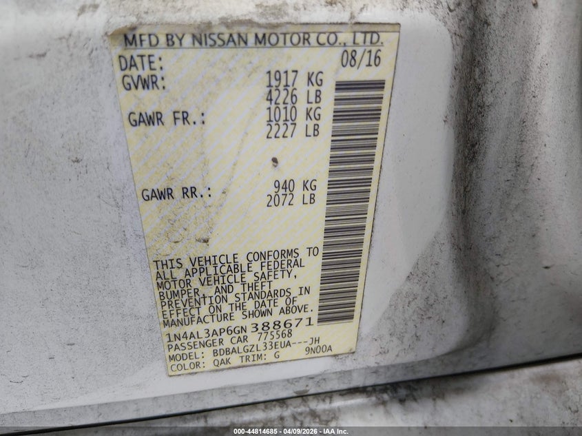 2016 Nissan Altima 2.5 S VIN: 1N4AL3AP6GN388671 Lot: 44814685