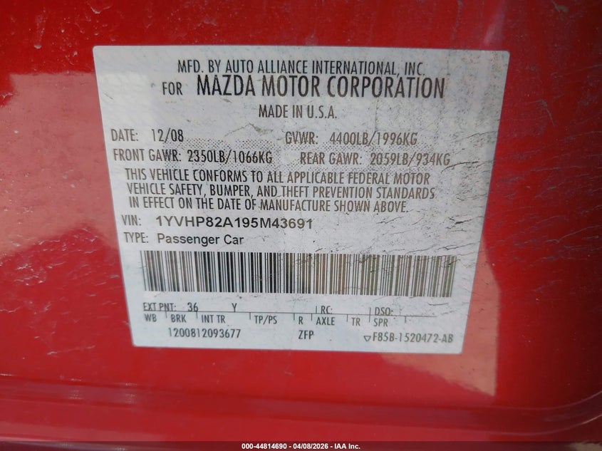 2009 Mazda Mazda6 I Touring VIN: 1YVHP82A195M43691 Lot: 44814690