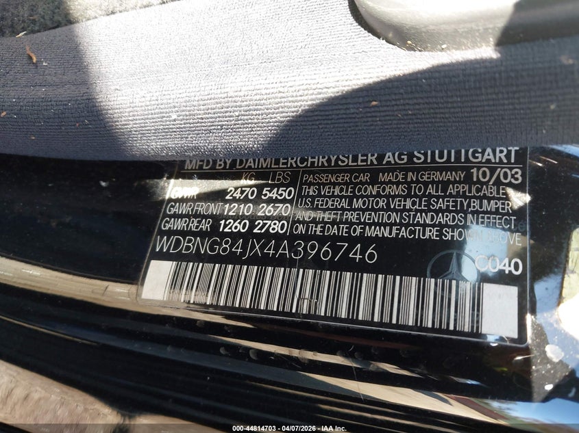 2004 Mercedes-Benz S 500 4Matic VIN: WDBNG84JX4A396746 Lot: 44814703