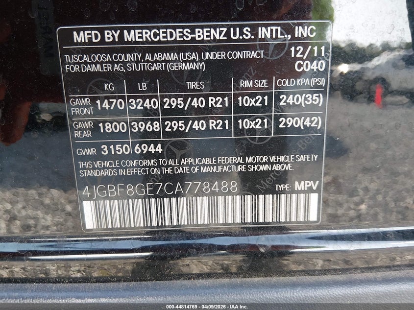 2012 Mercedes-Benz Gl 550 4Matic VIN: 4JGBF8GE7CA778488 Lot: 44814769