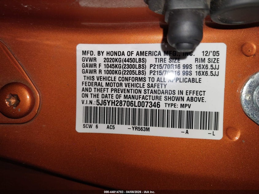 2006 Honda Element Ex-P VIN: 5J6YH28706L007346 Lot: 44814783