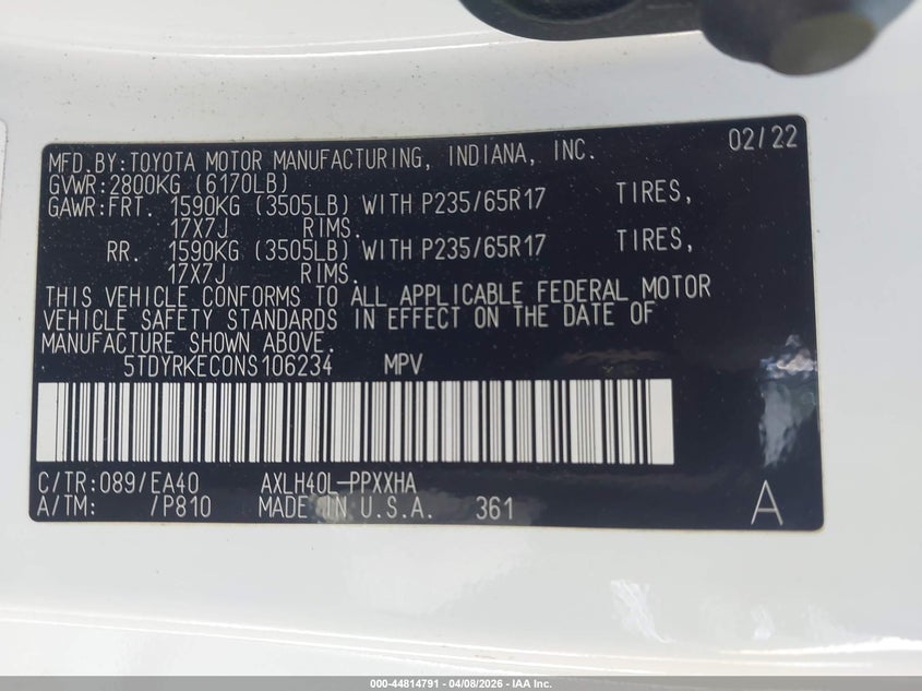 2022 Toyota Sienna Xle VIN: 5TDYRKEC0NS106234 Lot: 44814791