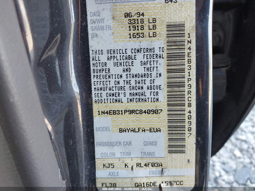 1994 Nissan Sentra E/Xe/Gxe/Le VIN: 1N4EB31P9RC840907 Lot: 44814852