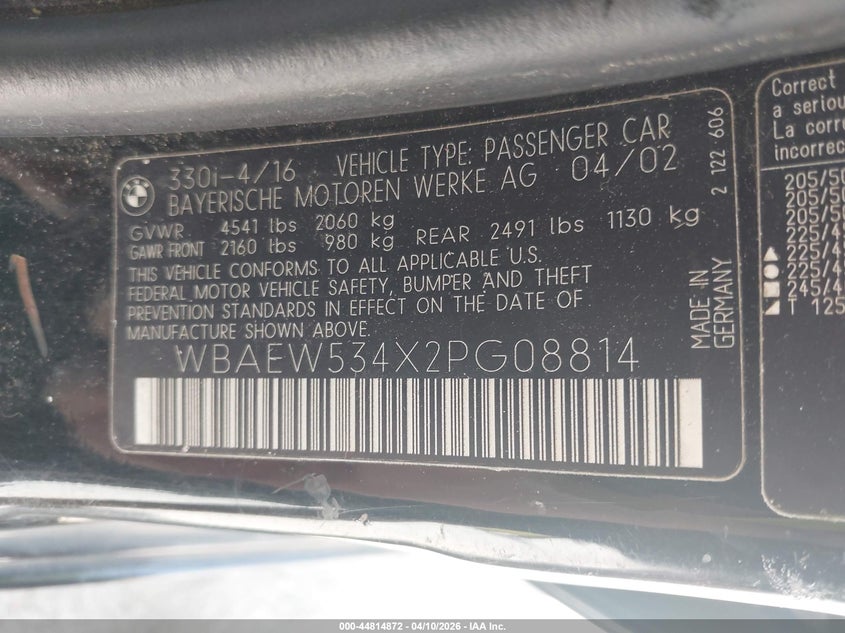 2002 BMW 330Xi VIN: WBAEW534X2PG08814 Lot: 44814872