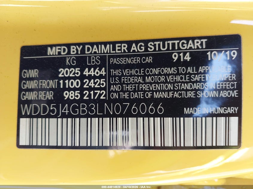 2020 Mercedes-Benz Cla 250 VIN: WDD5J4GB3LN076066 Lot: 44814928