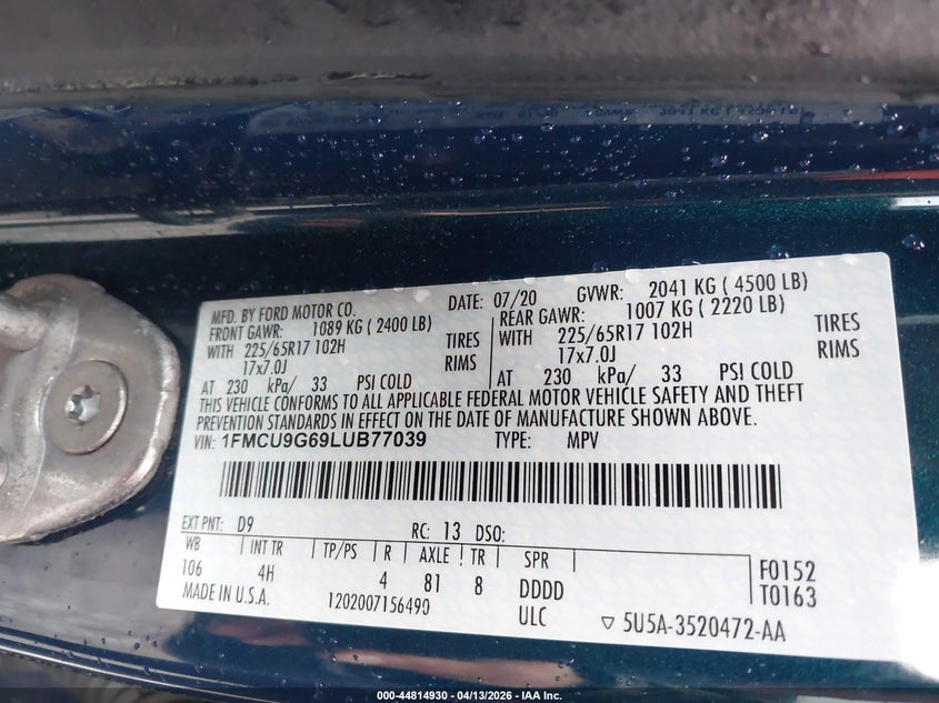 2020 Ford Escape 1.5 Se blue Lot 111044814930 Vin 1FMCU9G69LUB77039