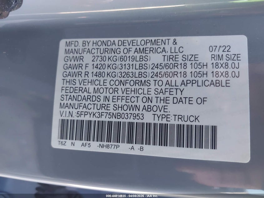 2022 Honda Ridgeline Rtl-E VIN: 5FPYK3F75NB037953 Lot: 44814935