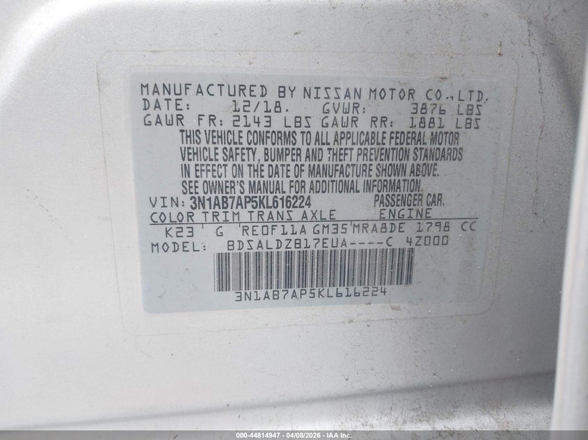 NISSAN SENTRA 2019 VIN 3N1AB7AP5KL616224
