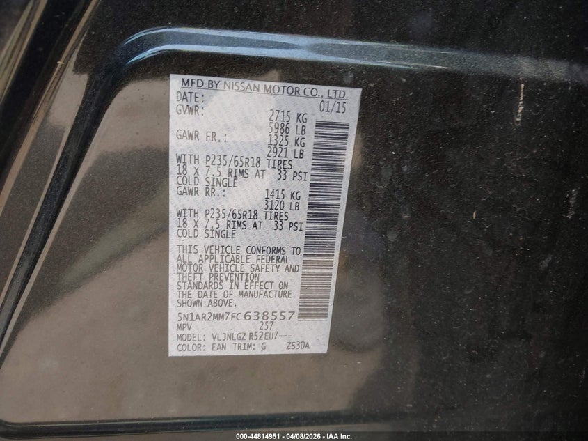 2015 Nissan Pathfinder 3.5 Sl grey Lot 111044814951 Vin 5N1AR2MM7FC638557