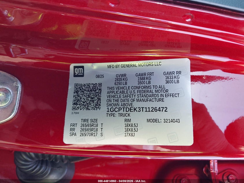 VIN 1GCPTDEK3T1126472 2026 CHEVROLET COLORADO Z71 4WD