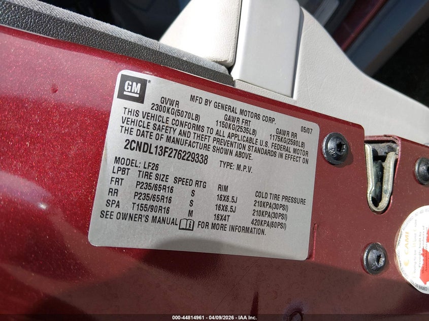 2007 Chevrolet Equinox Ls VIN: 2CNDL13F276229338 Lot: 44814961