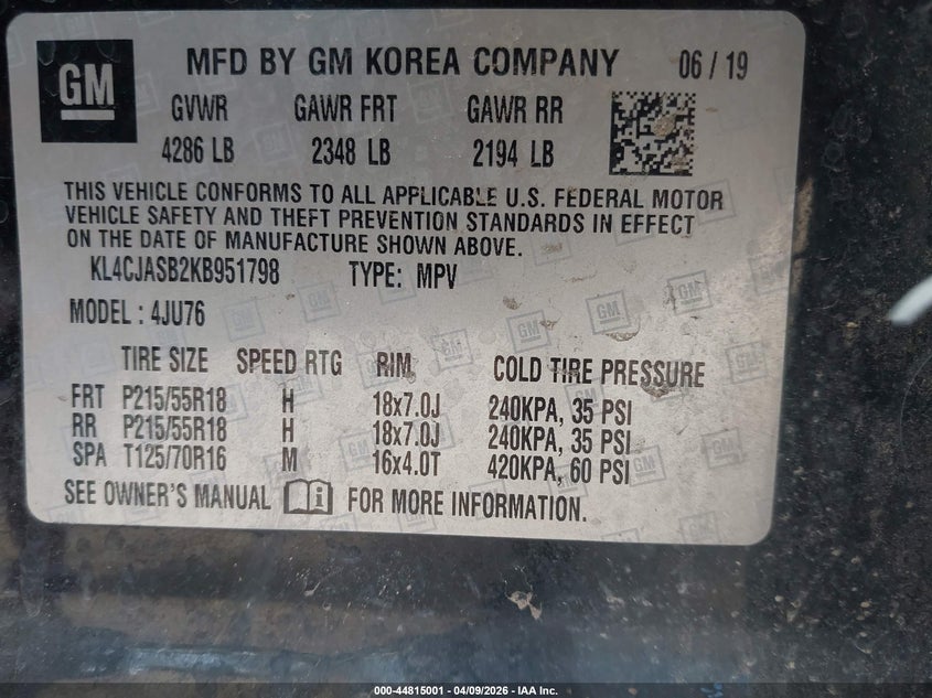 2019 Buick Encore Fwd Preferred VIN: KL4CJASB2KB951798 Lot: 44815001