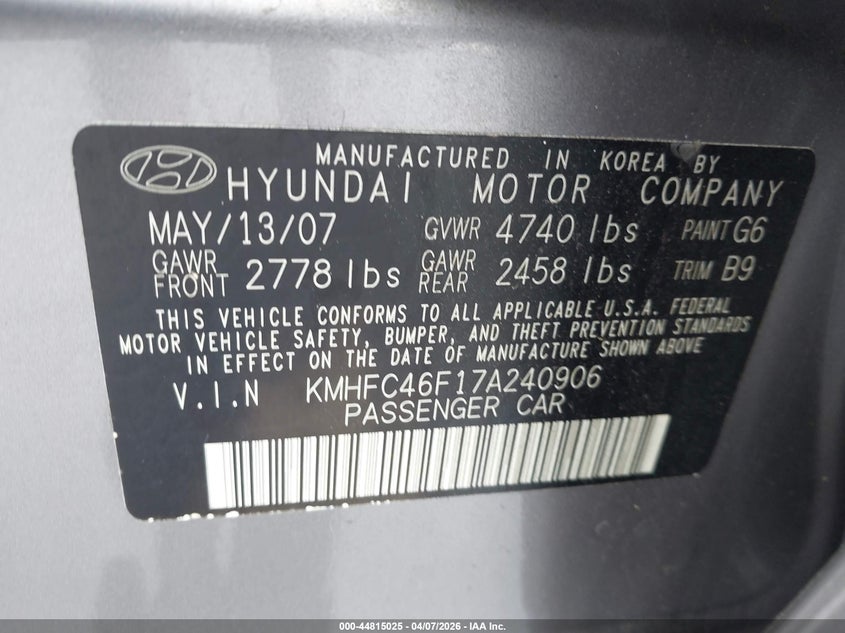 2007 Hyundai Azera Limited/Se VIN: KMHFC46F17A240906 Lot: 44815025