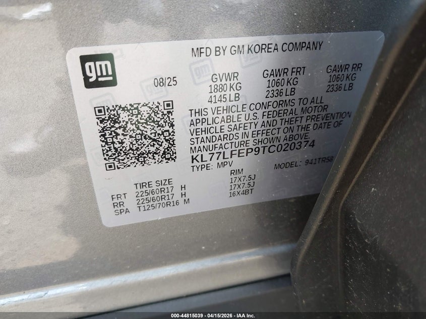 2026 Chevrolet Trax Fwd Ls VIN: KL77LFEP9TC020374 Lot: 44815039