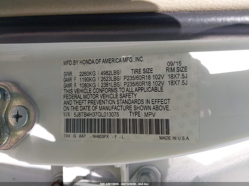 2016 Acura Rdx Acurawatch Plus Package VIN: 5J8TB4H37GL013075 Lot: 44815055