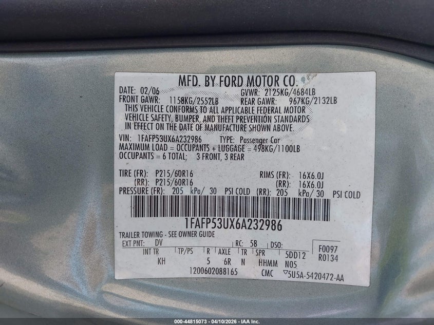 2006 Ford Taurus Se VIN: 1FAFP53UX6A232986 Lot: 44815073