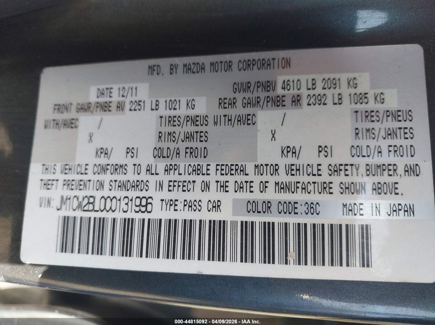 2012 Mazda Mazda5 Sport VIN: JM1CW2BL0C0131996 Lot: 44815092