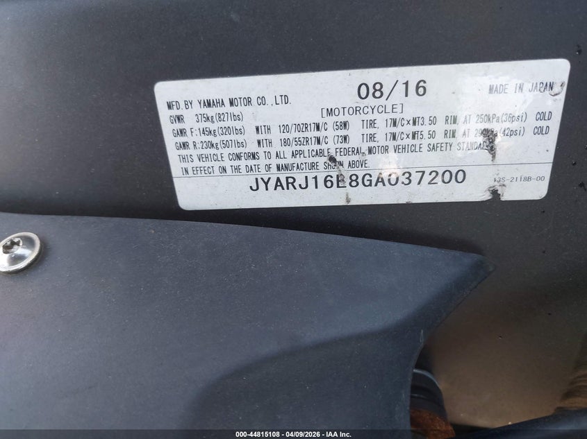2016 Yamaha Yzfr6 VIN: JYARJ16E8GA037200 Lot: 44815108