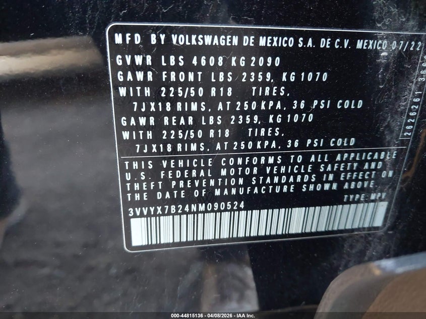 2022 Volkswagen Taos 1.5T Se VIN: 3VVYX7B24NM090524 Lot: 44815136